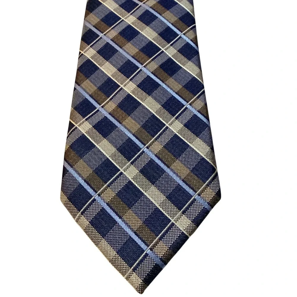 Michael Kors Necktie Navy Blue‎ Tan Plaid Silk Blend Classic Business Tie